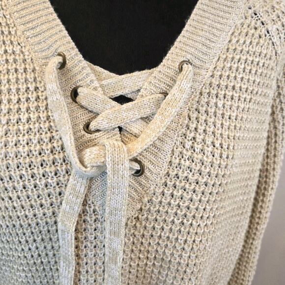 Oatmeal Beige Lace Up Pullover Sweater MED Boho Hippie 1960s Retro Chunky Knit - Picture 3 of 8